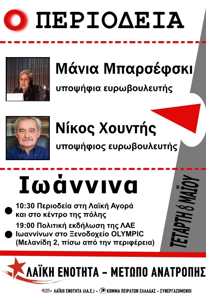 Περιοδεία των υποψήφιων ευρωβουλευτών με τη «Λαϊκή Ενότητα-Μέτωπο Ανατροπής», Μάνιας Μπαρσέφσκι – Νίκου Χουντή | Ιωάννινα (08/05)